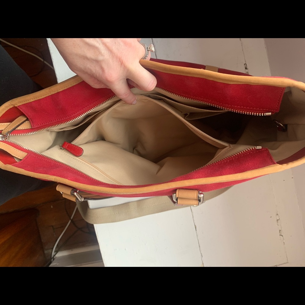 Coach Tote in Red canvas trimmed in leather. - Picture 7 of 9
